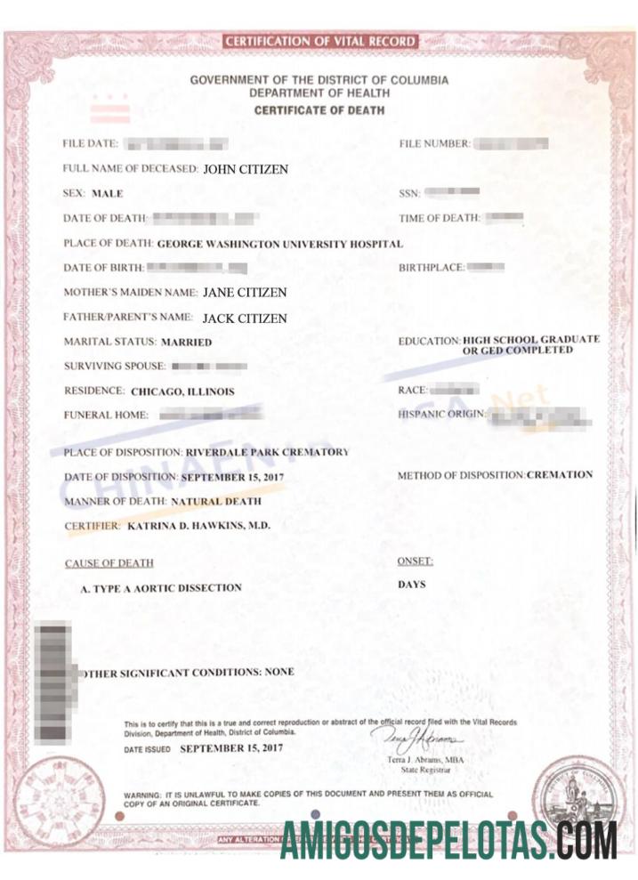 Certidão de Óbito do Distrito de Columbia amostra